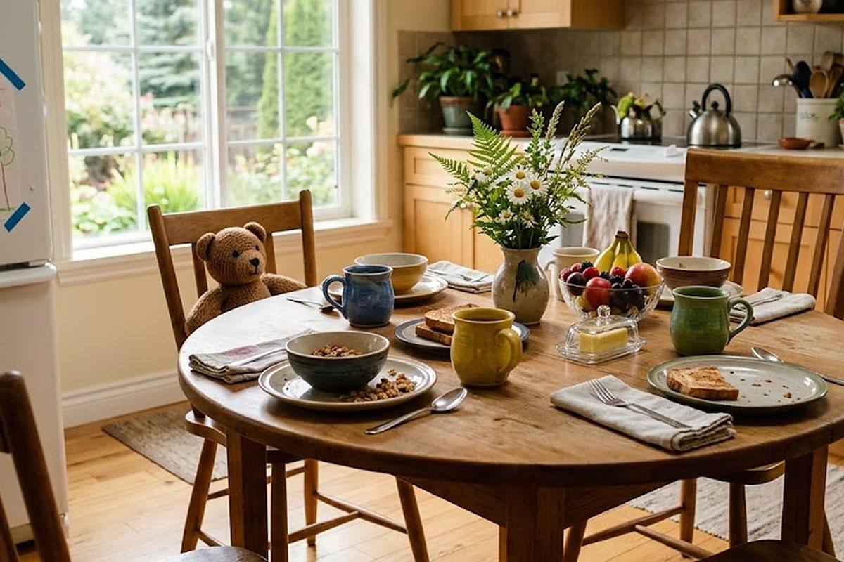 A round wooden breakfast table set for a family, with a teddy bear on one chair and a child's drawing taped to the fridge in the background.