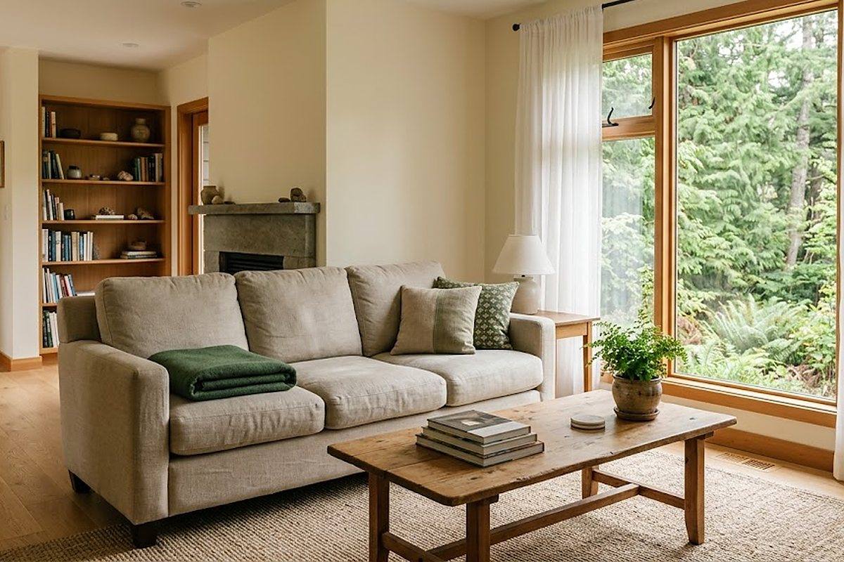 A calm living room with a linen sofa, low wooden table and a large window looking onto trees.
